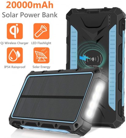 Solar Charger 20000mAh, Qi Wireless Portable Solar Power Bank